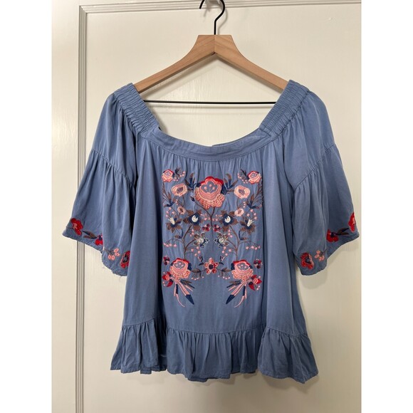 Umgee Blue Off Shoulder Embroidered Floral Ruffle Top - Women's M - Picture 1 of 9